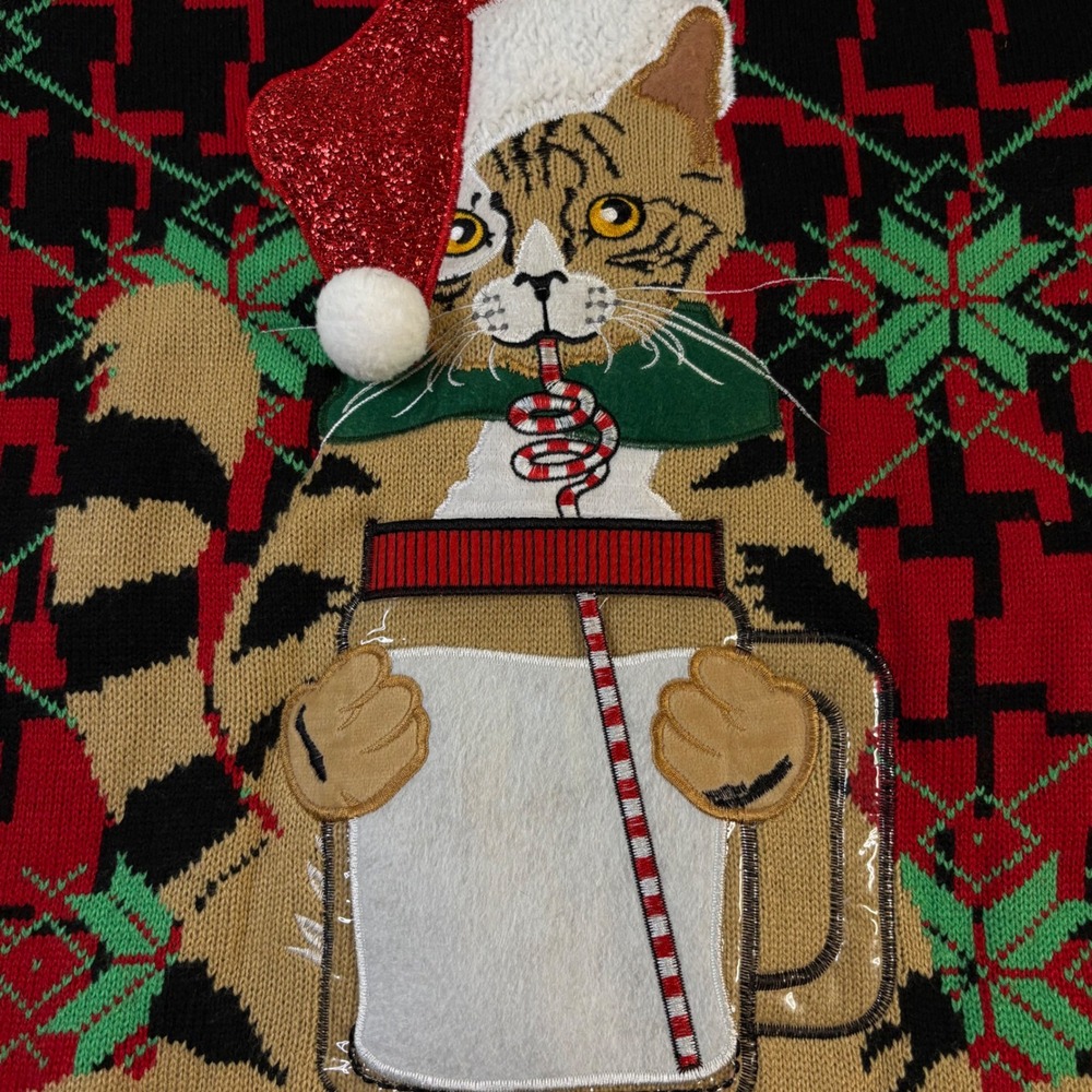 Celebrate Together Men's XL Ugly Christmas Sweater Cat Drinking Pocket 3D NWT - Picture 13 of 13